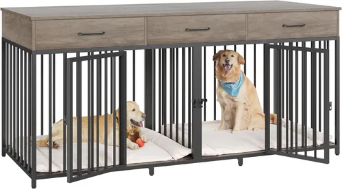 Miniatura 9 de HOSTACK Mueble doble para perros, perrera de 71 pulgadas de ancho para interiores con 3 cajones, jaula de granja para perros para 2 perros Gris