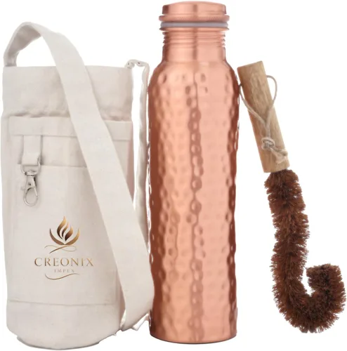 Botella de agua de cobre 100% puro (32 onzas/32.1 fl oz) con beneficios ayurvédicos, diseño fácil de viajar, a prueba de fugas, botella de agua