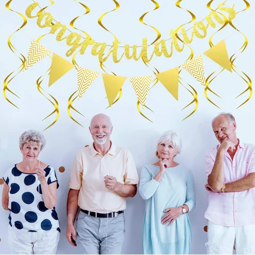 Miniatura 5 de Outus Pancarta de felicitaciones con purpurina preencordada con 12 espirales colgantes para bodas, jubilaciones, graduaciones, aniversarios, Dorado