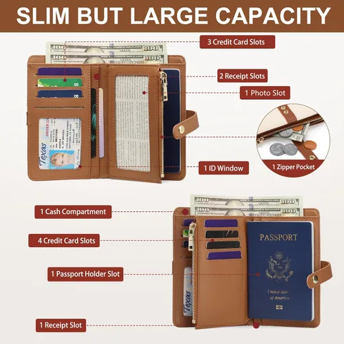 Miniatura 2 de Cartera pequeña para mujer, con bloqueo RFID, de piel vegana, delgada, plegable, para tarjetas de crédito, portapasaporte, cartera de viaje