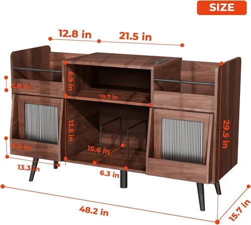 Miniatura 6 de Loomie Soporte grande para tocadiscos negro con toma de corriente y luz LED, gabinete de almacenamiento de discos de vinilo de hasta 350 álbumes