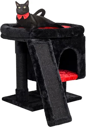 Miniatura 9 de SYANDLVY Árbol pequeño para gatos grandes de interior, condominio para gatitos con poste rascador y tabla, torre de actividades moderna con cueva