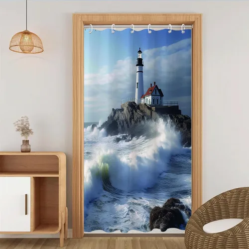 Miniatura 2 de Cortina de ducha con diseño de océano azul, faro, náutico, costero, escénico, naturaleza, rock, blanco, juego de decoración de baño, lavable a