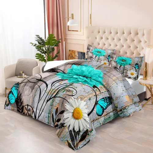 Miniatura 3 de LUVIVIHOME Juego de edredón floral verde azulado, tamaño Queen, juego de ropa de cama de dalia turquesa y margarita blanca, margarita azul
