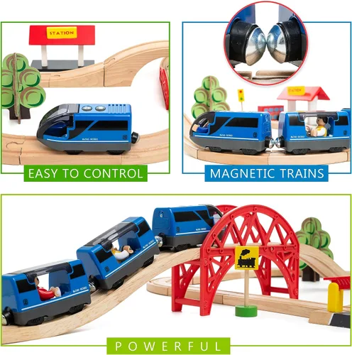 Miniatura 4 de KipiPol Conjunto de Tren de Juguete Locomotora de Acción a Batería para Vías de Madera, (Magnético) - Compatible con Thomas The Train Toys, Conjunto