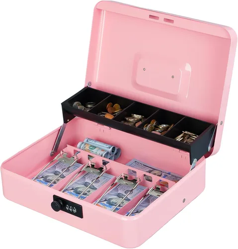 Miniatura 16 de KYODOLED Caja de dinero grande con cerradura de combinación, caja de dinero con bandeja para efectivo, caja fuerte con cerradura con llave, Negro-2