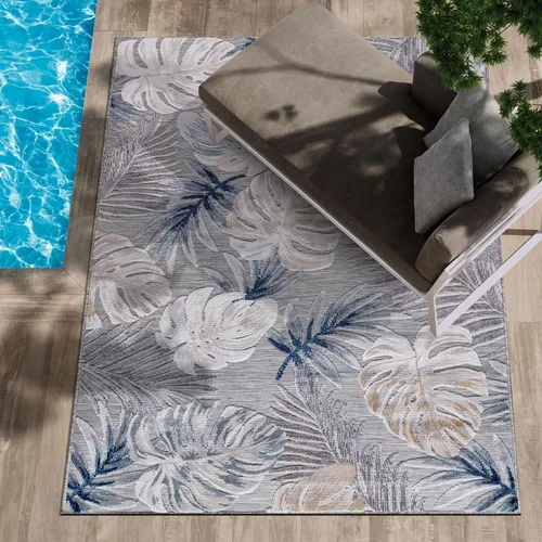 Miniatura 8 de CAMILSON Alfombra para interiores y exteriores, azul de 10 x 14 pies con diseño de hojas tropicales botánicas, alfombras de área para patios 3002