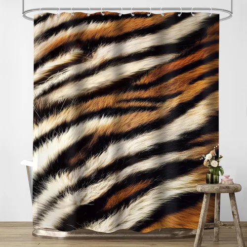 Miniatura 2 de Cortina de ducha con estampado de tigre, 60 pulgadas de ancho x 72 pulgadas de alto, safari salvaje, negro, marrón, potente pantera, piel de animal