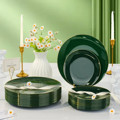 Miniatura 6 de 175 Piezas Juego de Vajilla de Plástico Verde Dorado, Platos Desechables Dorados para Fiesta, Incluye 50 Platos Verdes con 75 Cubiertos de Plástico