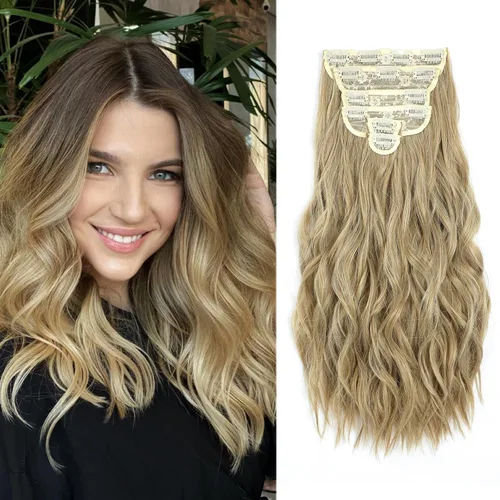 Miniatura 40 de Fliace Extensiones de cabello con clip para mujer, extensiones de cabello ondulado largo de color marrón medio, extensiones de cabello sintético
