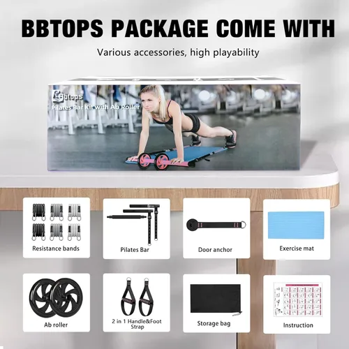 Miniatura 8 de BBTOPS Kit de barra de pilates con bandas de resistencia, barra de ejercicio de equipo de pilates con rodillo de abdominales para entrenamiento