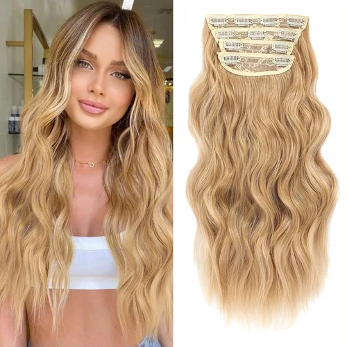 Miniatura 12 de NAYOO 4 piezas Extensiones de cabello con pinza, ondas largas y rizadas, sintéticas, gruesas, con fibra de doble trama, para mujeres, color cobre