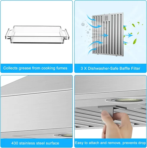 Miniatura 8 de Campana extractora de pared de 36 pulgadas, 1200 CFM con control de gestos y táctil de 4 velocidades, campanas de ventilación de cocina con Montaje