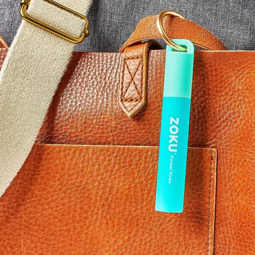 Miniatura 5 de ZOKU Popote de metal reutilizable con estuche para viajes, Azul Turquesa - Popote plegable de acero inoxidable con punta de silicona y cepillo Verde