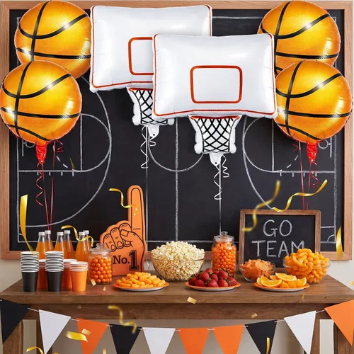 Miniatura 5 de Soulchen Juego de 6 globos de papel de aluminio para fiesta de baloncesto con 4 globos de baloncesto naranjas y 2 globos decorativos de aro
