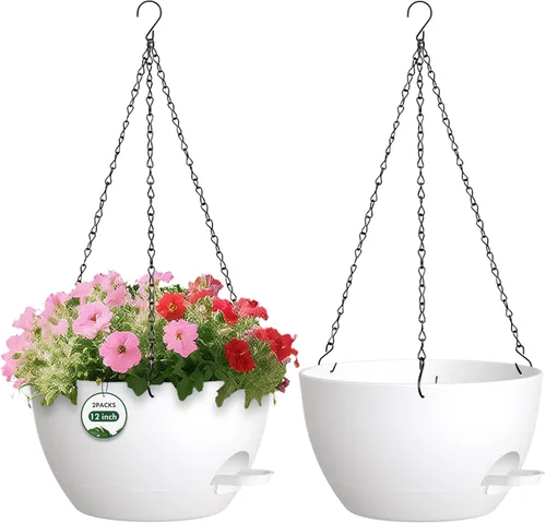 Paquete de 2 12 macetas colgantes con cadenas, macetas de plástico de riego automático para plantas de interior y exterior, diseño de cadena de