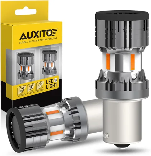AUXITO 2025 - Bombillas LED mejoradas 1156 para luz de señal de giro con ventilador, 4000 LM 600% súper brillantes amarillo ámbar, BA15S 1141 7506