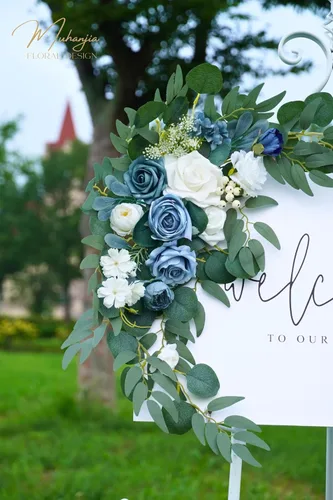 Miniatura 4 de Muhanjia Letrero de boda con estampado de flores sintéticas (paquete de 2) para ceremonia, fiesta, recepción, entrada, decoración floral, caballete