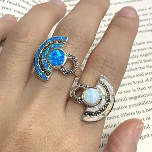 Miniatura 5 de Art Deco Style Egyptian Wallace Simpson Ring with Gilson Opal and Marcasite Stone 925 Sterling Silver
