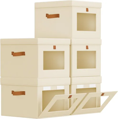 Miniatura 10 de Homsorout Contenedores de almacenamiento con tapa, organizador de armario con apertura lateral y ventana transparente, cesta plegable de tela Beige