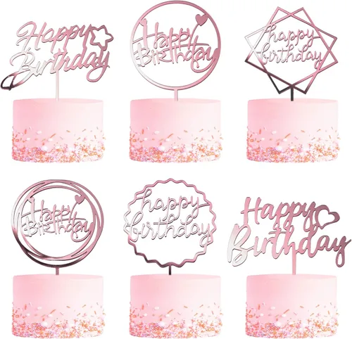 Miniatura 10 de Juego de 6 adornos dorados para tartas, purpurina de doble cara, adornos acrílicos para cupcakes de feliz cumpleaños, decoraciones de cumpleaños