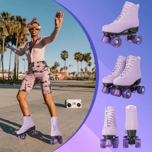 Miniatura 6 de jessie Patines de ruedas para niñas, de cuero de microfibra y ruedas flash, patines morados, para niñas de 6 a 12 años, para principiantes