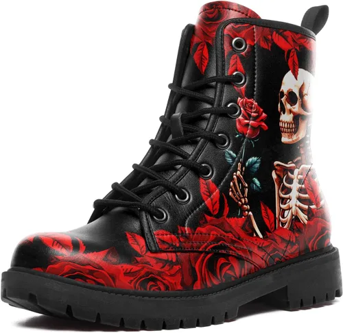 Miniatura 8 de Botines de combate para mujer, con estampado de corazón, botines cortos de moda con rosas y calavera, botas de trabajo duraderas con cordones