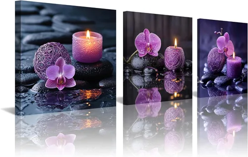 Miniatura 17 de NAN Wind 3 piezas de arte de pared de orquídea azul, piedras de spa zen, impresión en lienzo, gotitas de agua, naturaleza muerta, botánica