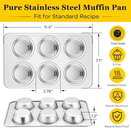 Miniatura 2 de Homikit Paquete de 2 Moldes para Muffins, Molde de Acero Inoxidable para Hornear Cupcakes con 6 Cavidades de Tamaño Regular, Bandeja de Metal