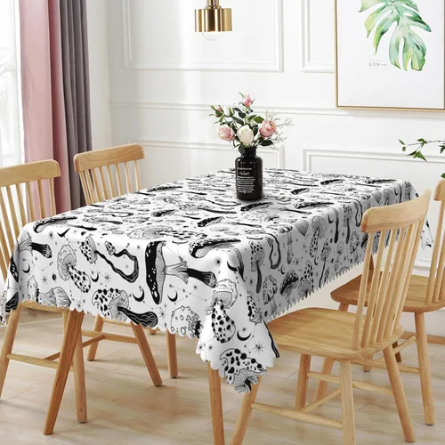 Miniatura 23 de Mantel rectangular floral de 52 x 70 pulgadas, color blanco y negro, estampado floral, a prueba de derrames y aceite, para cocina, comedor
