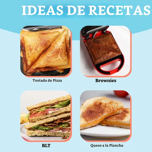 Miniatura 6 de Mini Sandwichera Tasty, Hace Sánidwiches, Paninis, Queso a la Parrilla, Postres, Resultados Rápidos, Fácil Limpieza, 600W, Roja Rojo