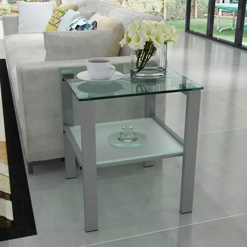 Miniatura 8 de Mesa auxiliar cuadrada de vidrio moderno de 17.72 pulgadas, mesa auxiliar de vidrio templado de 2 capas con 4 patas de tubo de hierro, mesa auxiliar