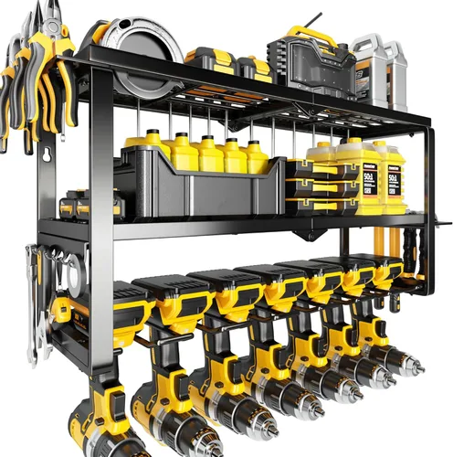 Organizador de Herramientas Eléctricas para Montaje en Pared - Carga de 300 Libras, Estante de Almacenamiento de 3 Niveles con 7 Portataladros para