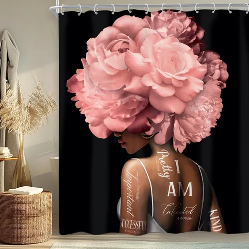Miniatura 4 de Riyidecor Cortina de ducha afroamericana de 60 pulgadas de ancho x 72 pulgadas de alto, cortinas de ducha para niña y mujer, diseño floral