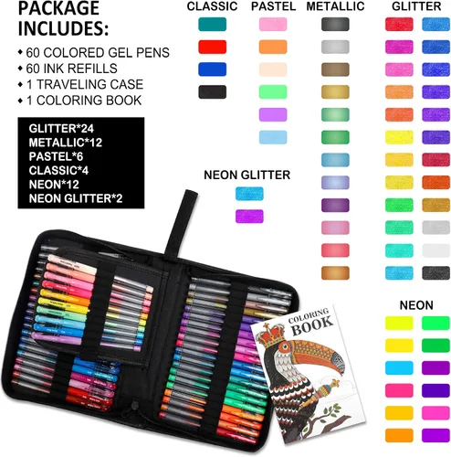 Miniatura 2 de Lelix Bolígrafos de gel, paquete de 120 bolígrafos de gel, 60 colores únicos con 60 recambios para adultos, libros de colorear, dibujo, garabatos