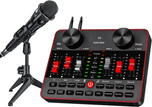 Miniatura 10 de Mezclador de audio, placa de sonido para transmisión en vivo, canto y juegos en PC/teléfono, interfaz de audio para micrófono de 3.5 mm, tarjeta
