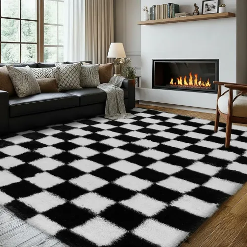 Miniatura 36 de Alfombra de área súper suave en blanco y negro, de 5 x 7 pies, alfombra clásica a cuadros de pelo alto mullida para dormitorio, sala de estar, Negro