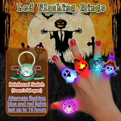 Miniatura 3 de 60 recuerdos de fiesta de Halloween para niños, anillos y tatuajes iluminados, 50 anillos intermitentes LED y 10 tatuajes luminosos, rellenos