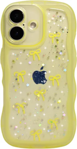 Miniatura 75 de Qokey Funda para iPhone 12 Pro Max de 6.7 pulgadas, diseño de onda rizada, borde transparente, brillante con purpurina, estrella brillante, bonita