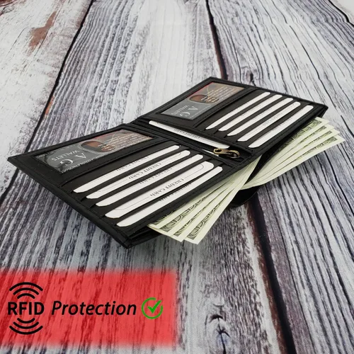 Miniatura 3 de ag wallets Cartera europea plegable de cuero genuino RFID para hombre Hipster 2 ventanas de identificación