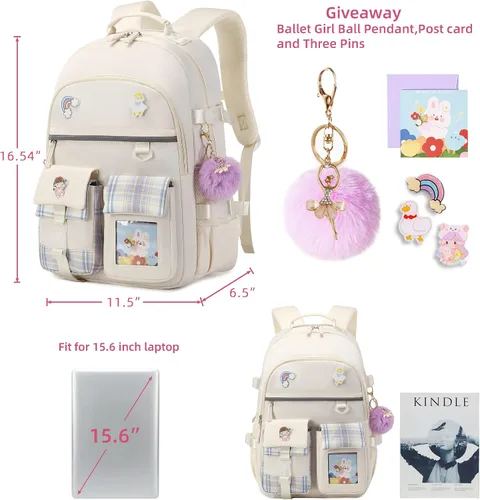 Miniatura 9 de Mochila para niñas de 15.6 pulgadas para laptop, bolsa escolar para niños de primaria y universidad, mochilas y bolsos escolares para niñas Beige