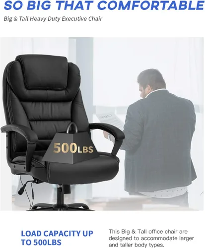 Miniatura 6 de Silla de escritorio ergonómica, ancha, grande y alta de 500 libras con soporte lumbar, reposabrazos y reposacabezas, silla de oficina giratoria
