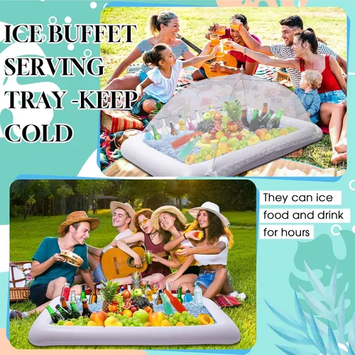 Miniatura 4 de Leitee Kit de barra inflable de 5 piezas, incluye bandeja de buffet de ensalada con tapón de drenaje, cubierta de malla, recipientes de bebidas