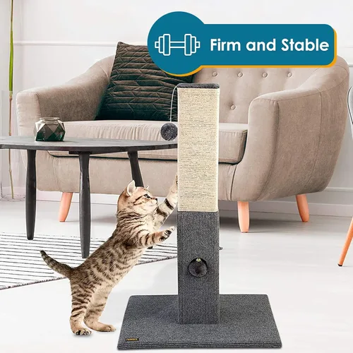 Miniatura 4 de Pawbee Poste rascador para gatos de 32 pulgadas con cascabel y softball, torre de cuerda de sisal para adultos de interior, gatos grandes, gris
