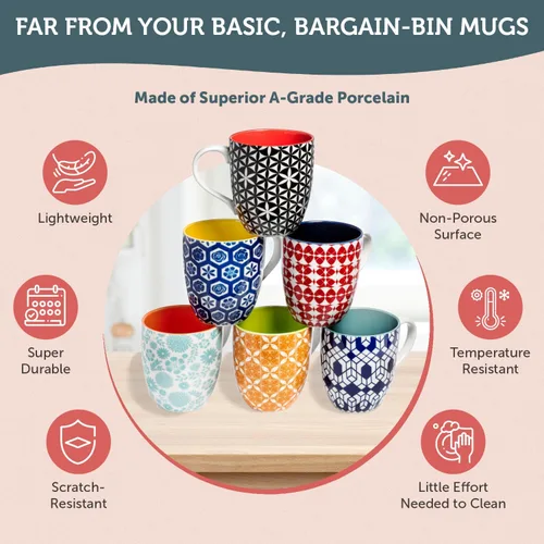 Miniatura 5 de Annovero Juego de 6 tazas de café grandes de porcelana para mujeres u hombres, aptas para microondas y lavavajillas, resistentes a las astillas