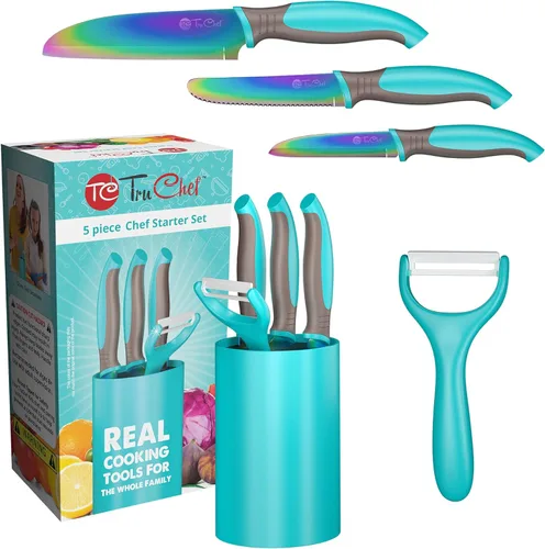 TruChef Juego de 5 cuchillos de chef de cocina para niños, cuchillos de acero inoxidable real con pelador, cuchillo dentado y soporte, puntas