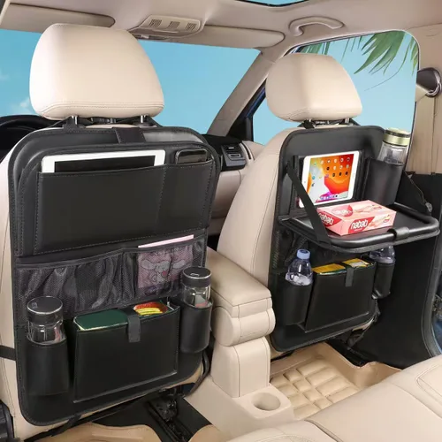 Organizador de cuero para asiento trasero de automóvil con soporte para tableta, 9 bolsillos de almacenamiento grandes, bandeja plegable para