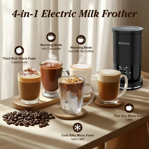 Miniatura 2 de DEVINC Espumador de Leche, Espumador y Vaporizador de Leche 4 en 1, Fabricante de Espuma Caliente y Fría y Calentador de Leche con Apagado