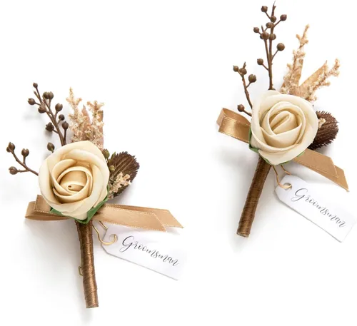 Miniatura 27 de Ling's moment Boutonniere para hombres, 2 piezas de novios, padrinos de boda, flores artificiales para bodas, bailes, regreso a casa, etc. Azul Azul