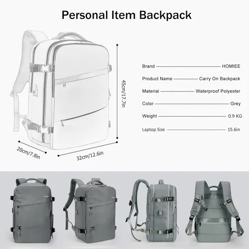 Miniatura 8 de HOMIEE Bolsa de Mano, Mochila de Viaje Grande Aprobada para Vuelos Bolsa para Artículos Personales, Mochila Diaria Impermeable para Equipaje Ligera